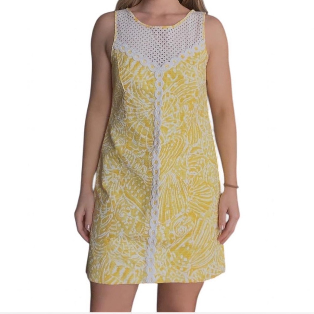 Yellow Sleeveless Dress with White Lace Detail